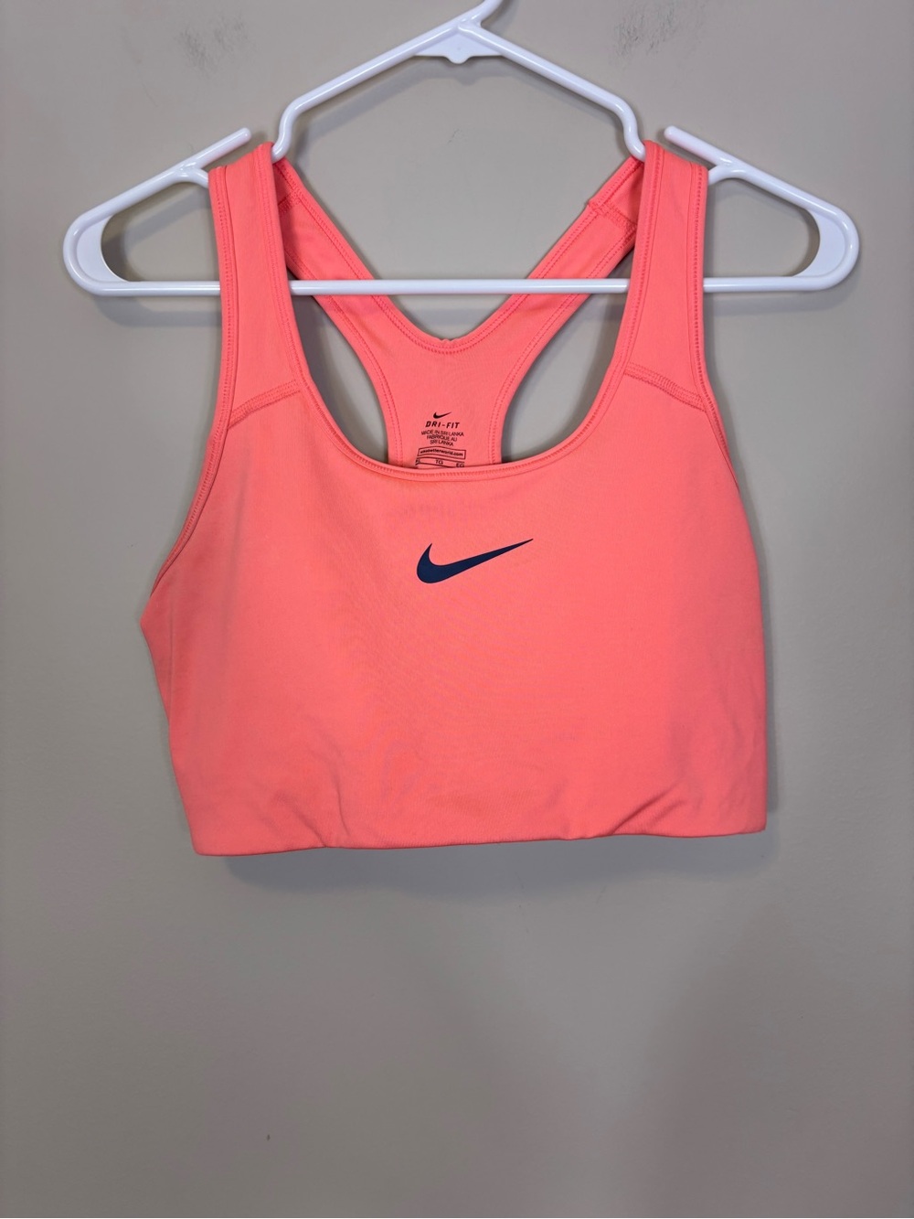 Nike Coral-Pink Racerback Sports Bra with Navy Swoosh XL